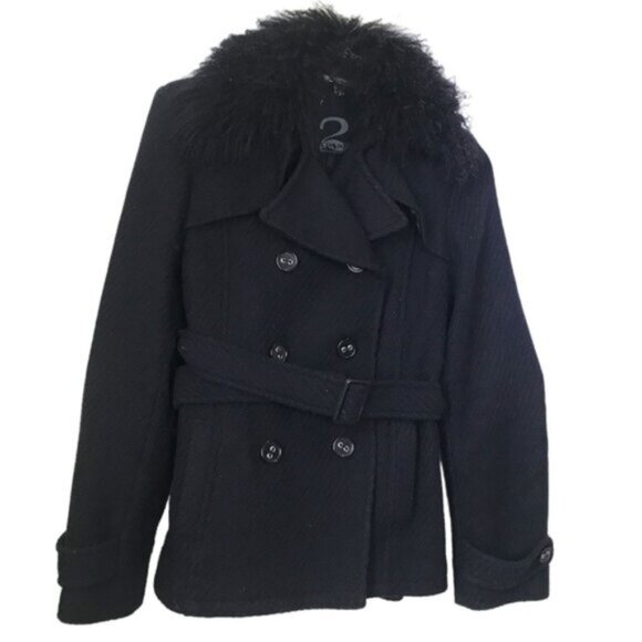 2 Xpose Boucle Pea Belted Coat Removable Fur Collar Pockets Texture Wool Short L - Picture 2 of 16